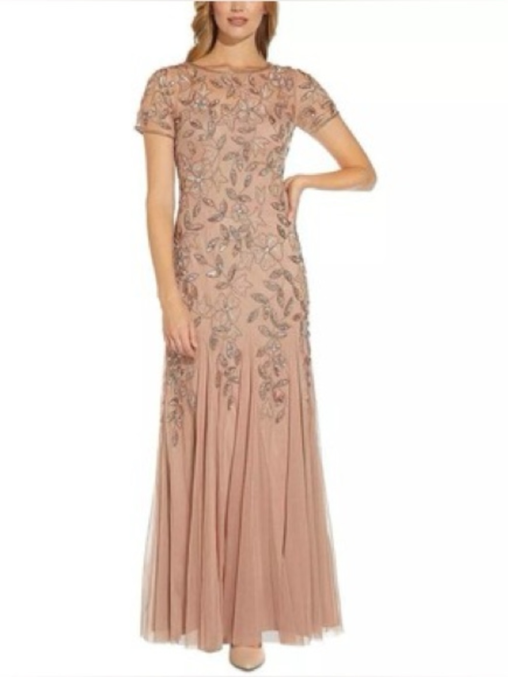 Adrianna Papell Blush-Beige Beaded Floral Maxi Gown - Picture 2 of 5